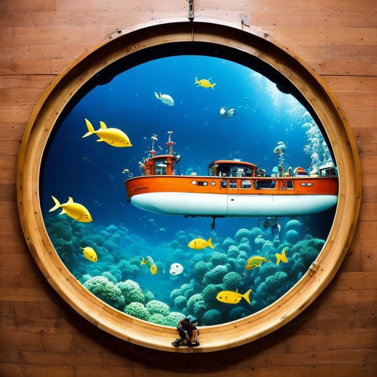 Circular Aquarium Window with Colorful Fish, Corals, Diver, and Submarine in Blue Under