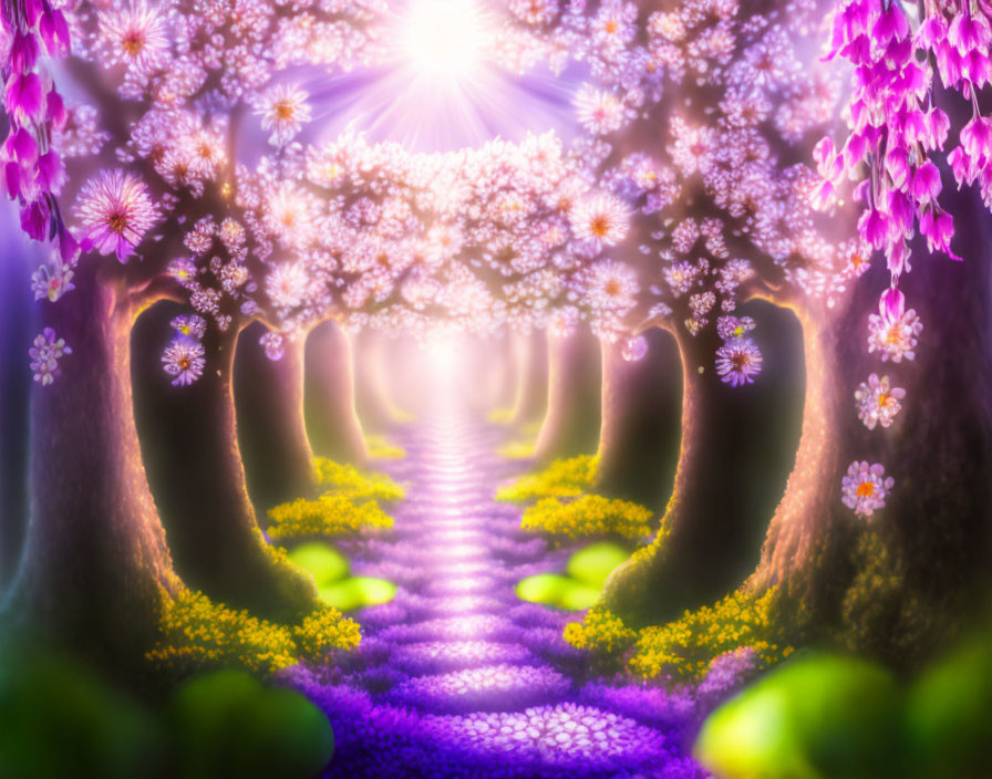 Enchanted pathway with vibrant blooming trees under soft radiant light