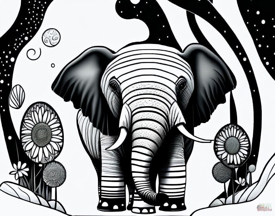 Monochrome elephant illustration with patterned skin and floral elements