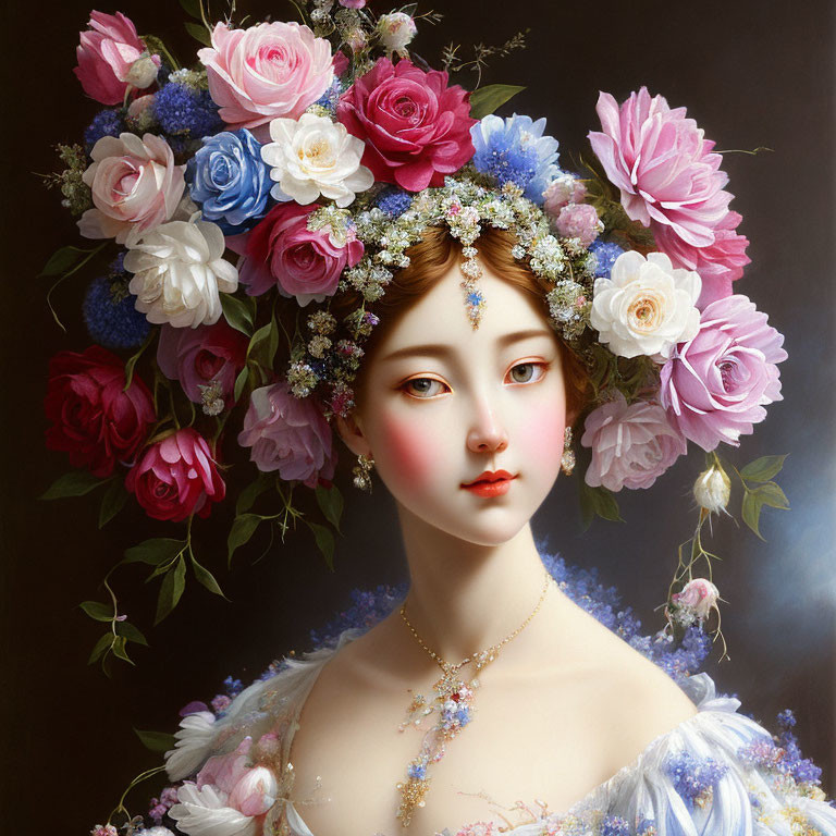 Portrait of a Woman with Floral Wreath in Pink, Blue, and White