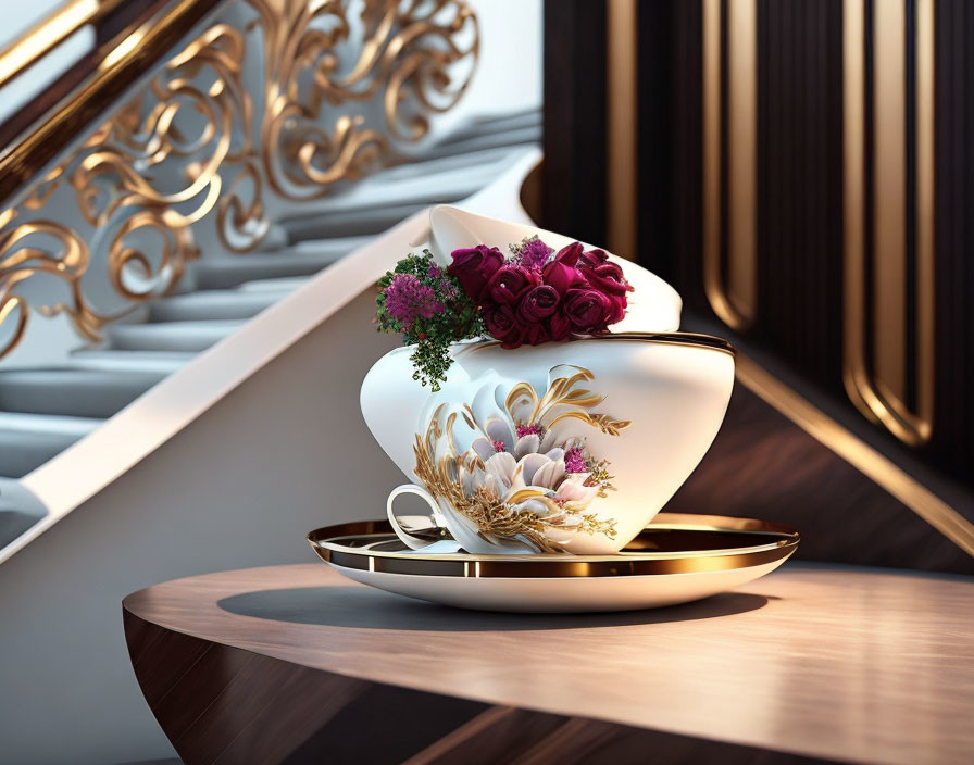 Gold-rimmed teacup vase with purple roses and greenery on polished table