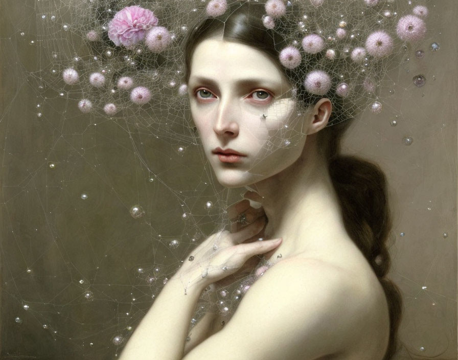 Ethereal woman portrait with delicate web and pastel flowers