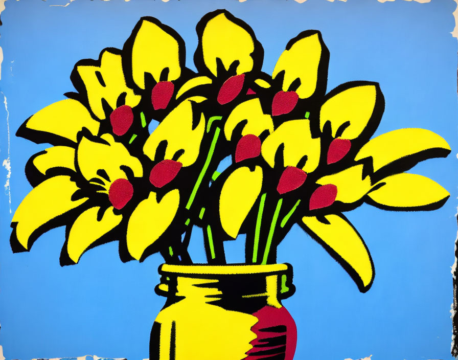 Pop Art Style Yellow Flower Bouquet Illustration in Red Striped Vase