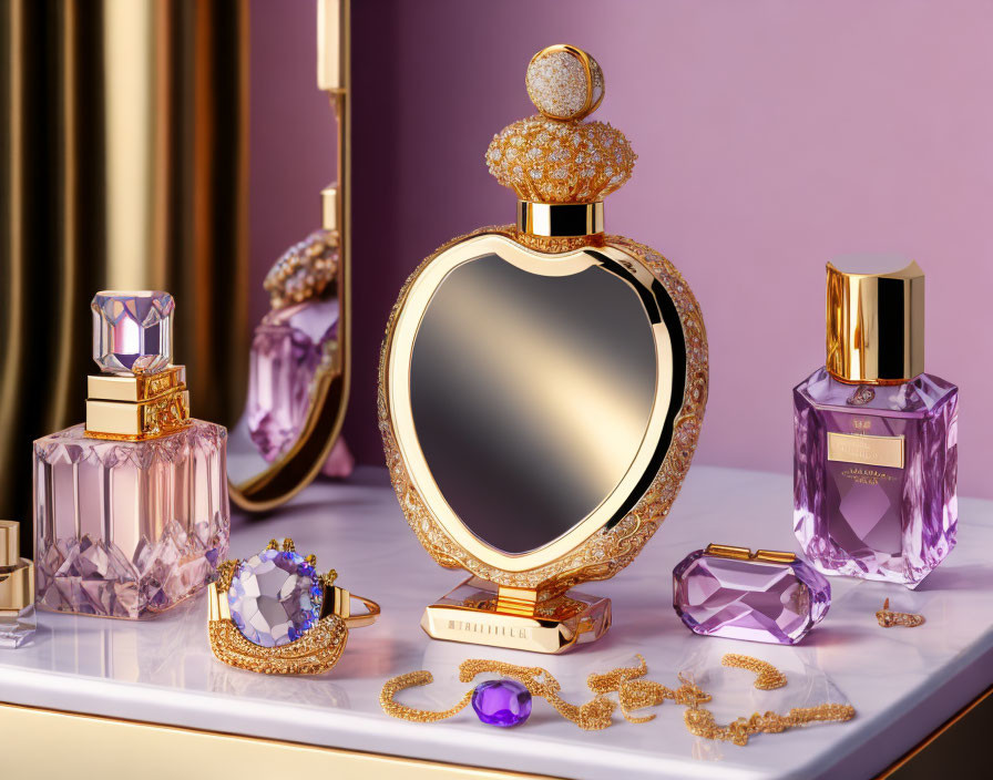 Luxurious Vanity Table with Perfume Bottles, Mirror, and Jewelry on Purple Background