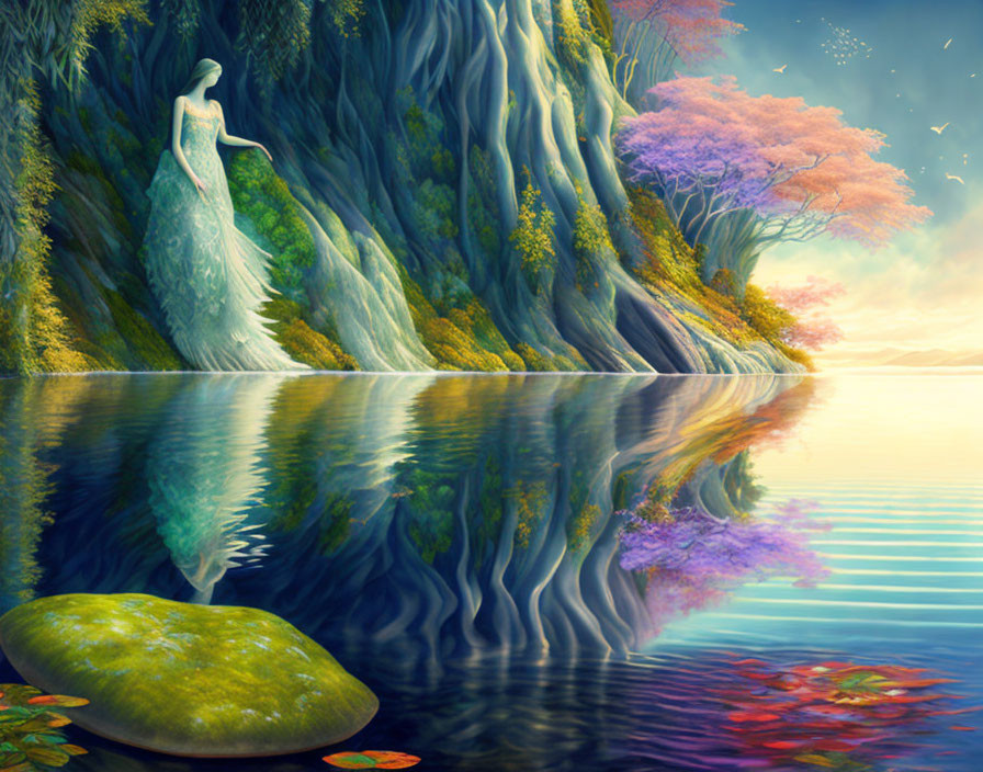 Tranquil fantasy landscape with woman in white dress by serene lake