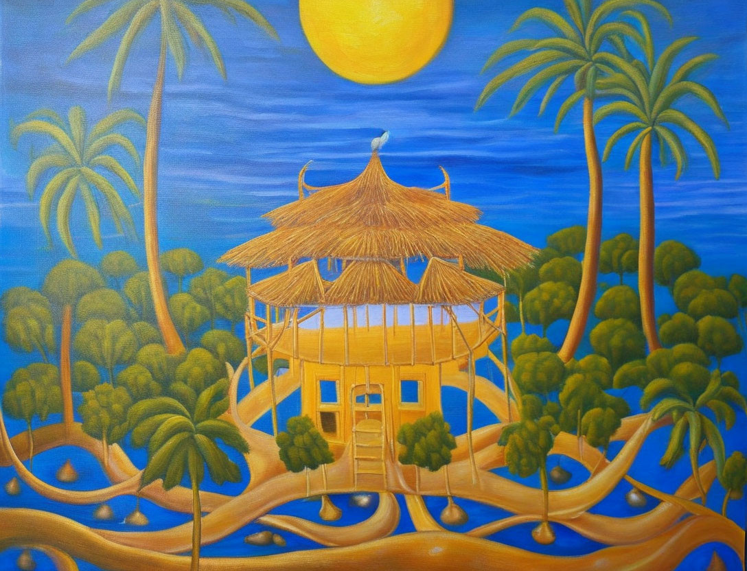 Colorful painting of tropical hut under sunny sky