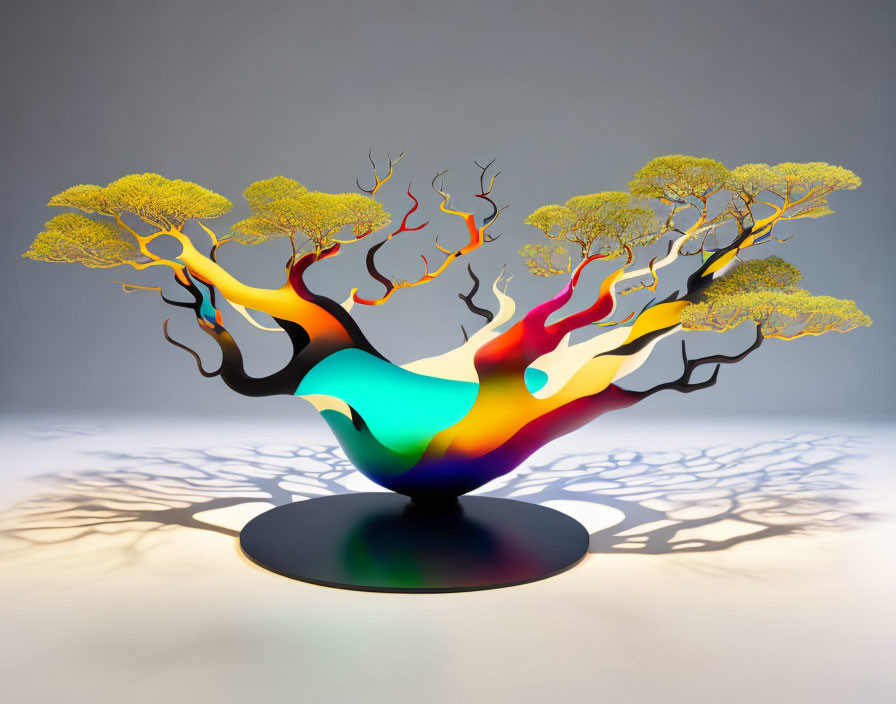 Vibrant tree-themed sculpture with swirling base and colorful branches.