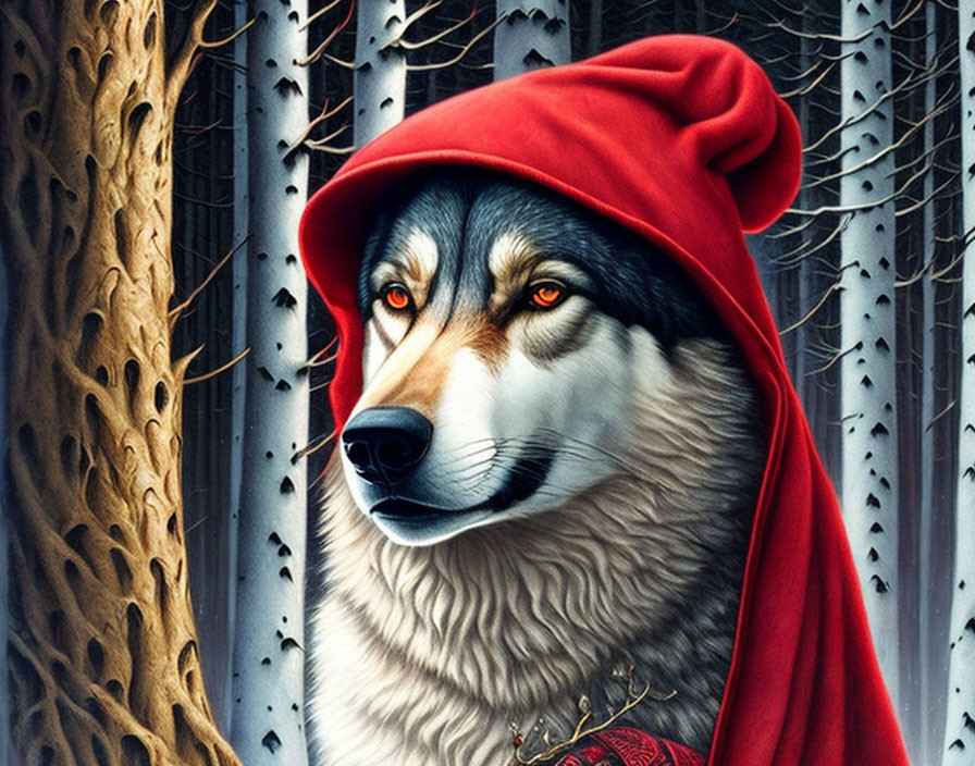 Detailed Wolf Illustration with Striking Eyes in Red Hood Amid Mysterious Forest