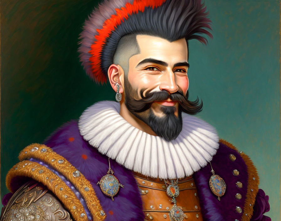 Regal man in historical attire with stylish beard and feathered cap.