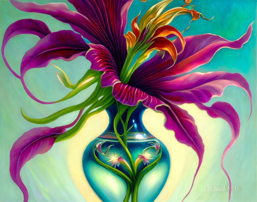 Colorful painting of fantastical flower with glowing purple petals and luminous bulb center