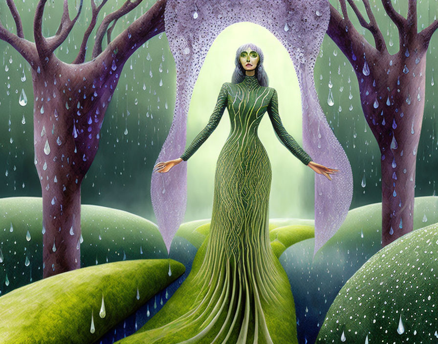 Fantastical green woman in mystical forest with raindrops and vibrant purple trees