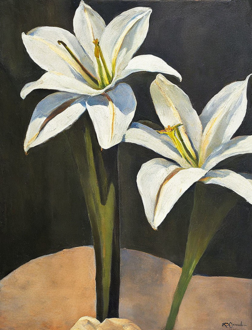 White lilies with stamens in painting with brush strokes and signature