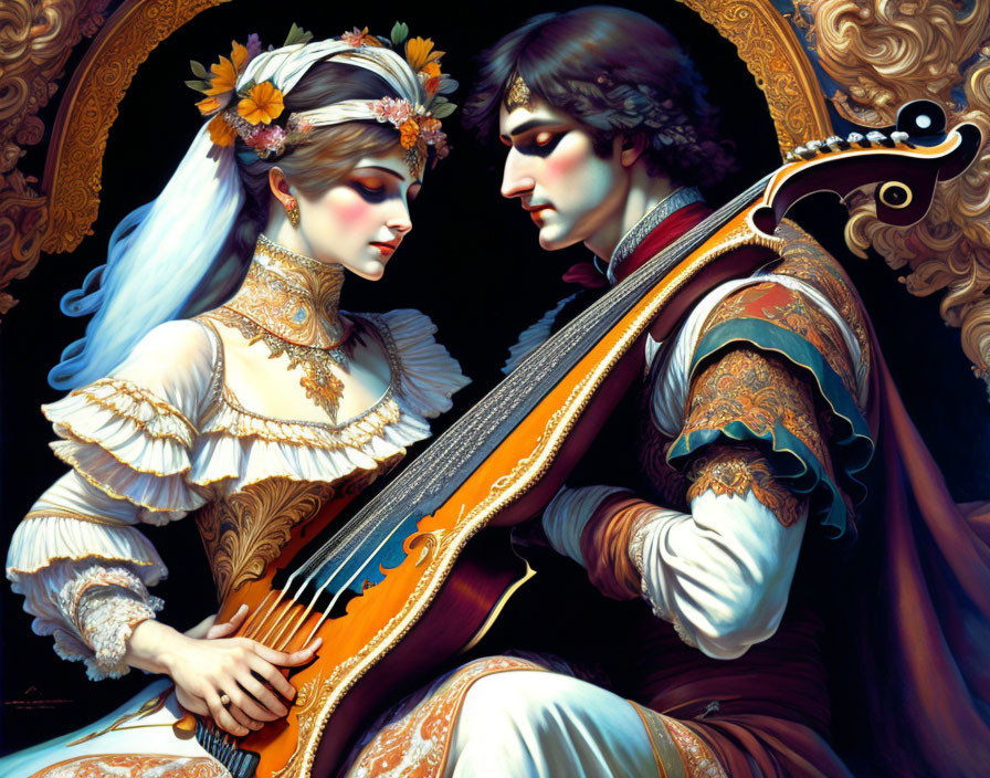 Renaissance-inspired illustration of man playing lute and woman with floral adornments