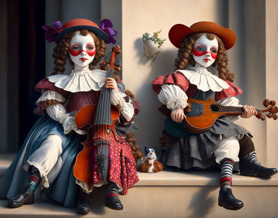 Vintage-style dolls with painted faces holding musical instruments beside a miniature cat figurine