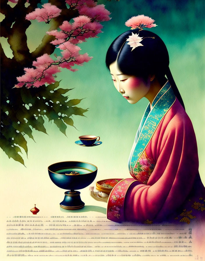 Traditional Japanese woman in kimono with flower, tea ceremony near cherry blossom tree