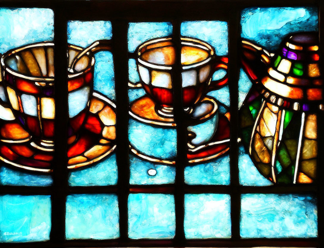 Colorful Coffee Cup Stained Glass Window with Blue Background