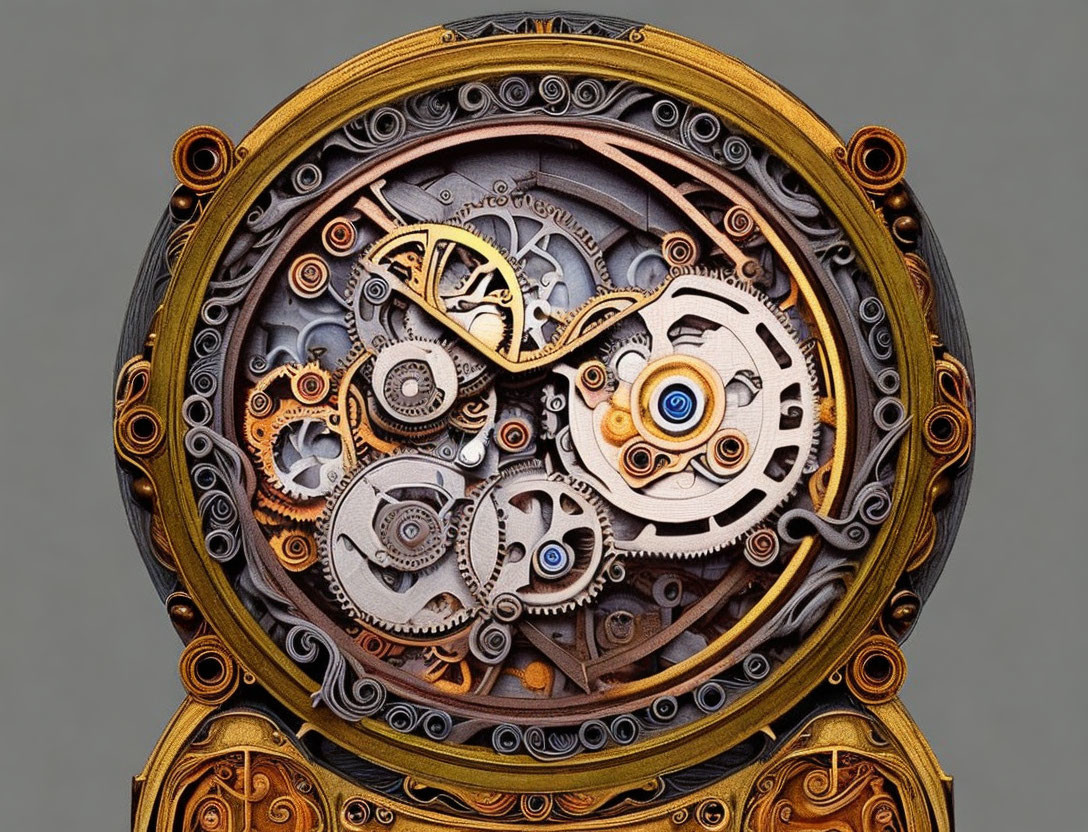 Detailed metallic clockwork mechanisms on gray background