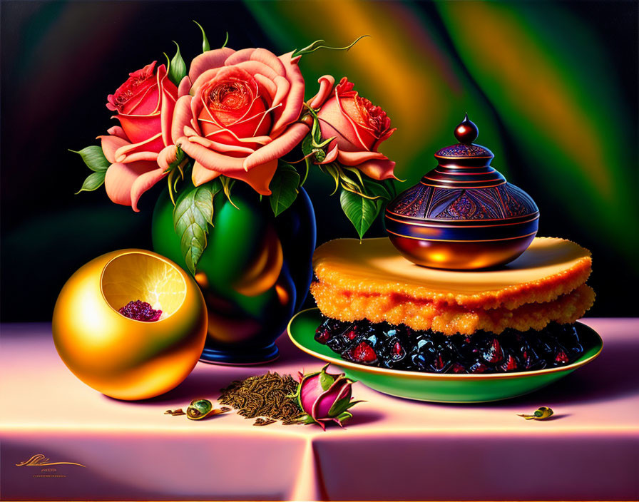 Colorful still life painting with roses, fruit, honeycomb, berries, seeds, and ornate