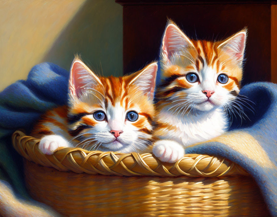 Orange and White Kittens with Blue Eyes Resting in Woven Basket