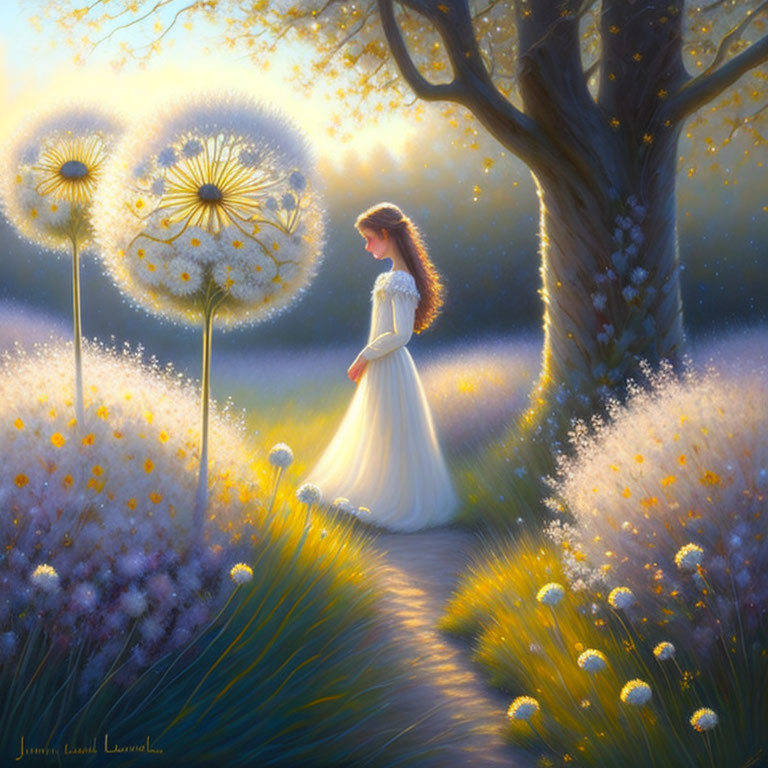 Woman in white dress walking among oversized dandelions and flowers under magical light