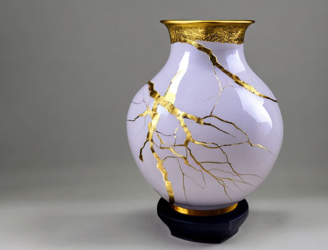 White Vase with Gold Kintsugi Repair: Japanese Art of Pottery Restoration