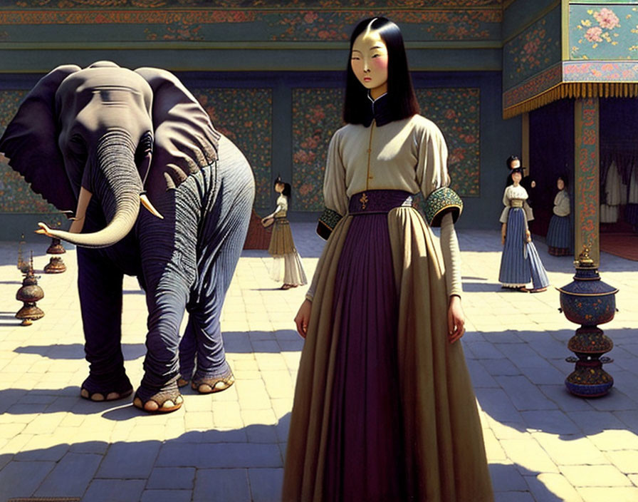 Traditional clothing woman with elephant in ornate courtyard