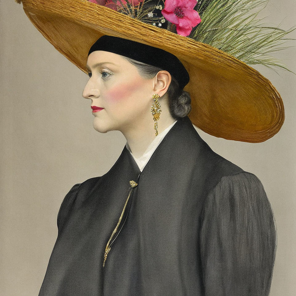 Woman with fair skin in wide-brimmed hat and black outfit with gold earring