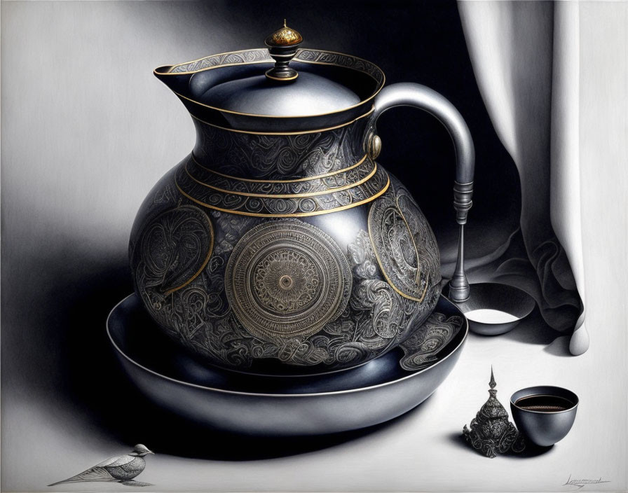 Black teapot with gold patterns, cup, saucer, and bird on table