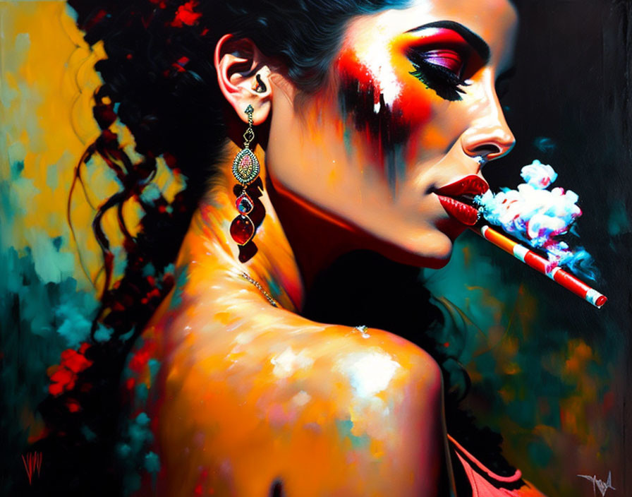 Colorful Abstract Painting of Woman with Red and Yellow Makeup