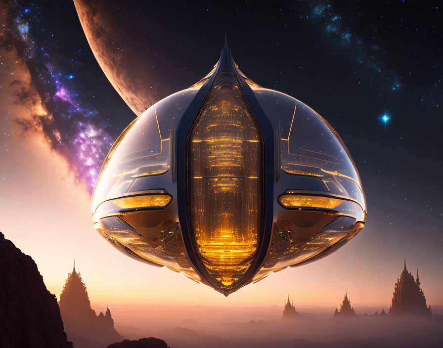 Futuristic spaceship with glowing interiors over rocky landscape at dusk