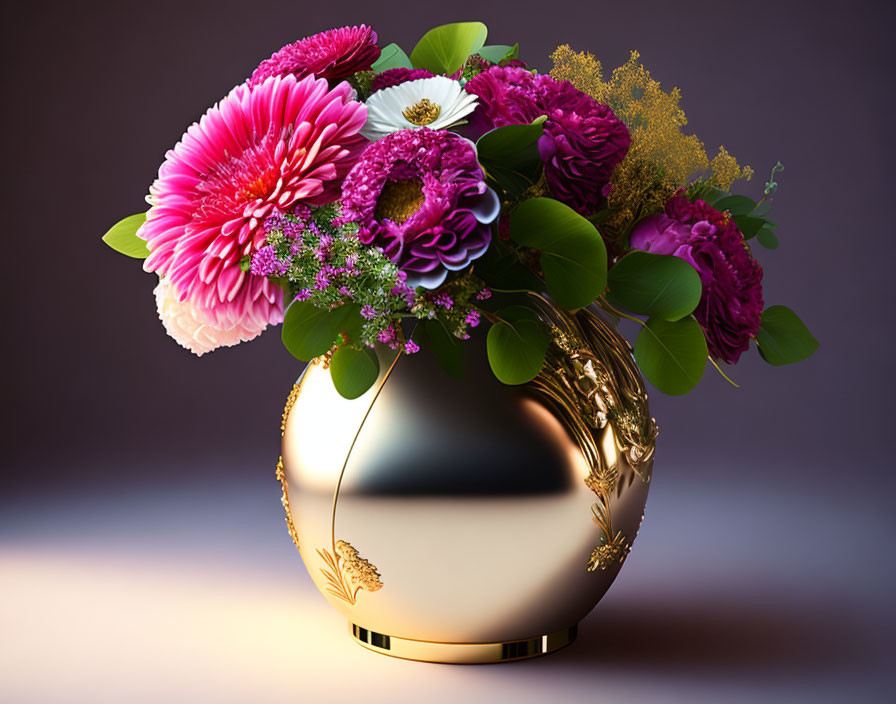 Assorted Flowers Bouquet in Golden Vase on Gradient Background