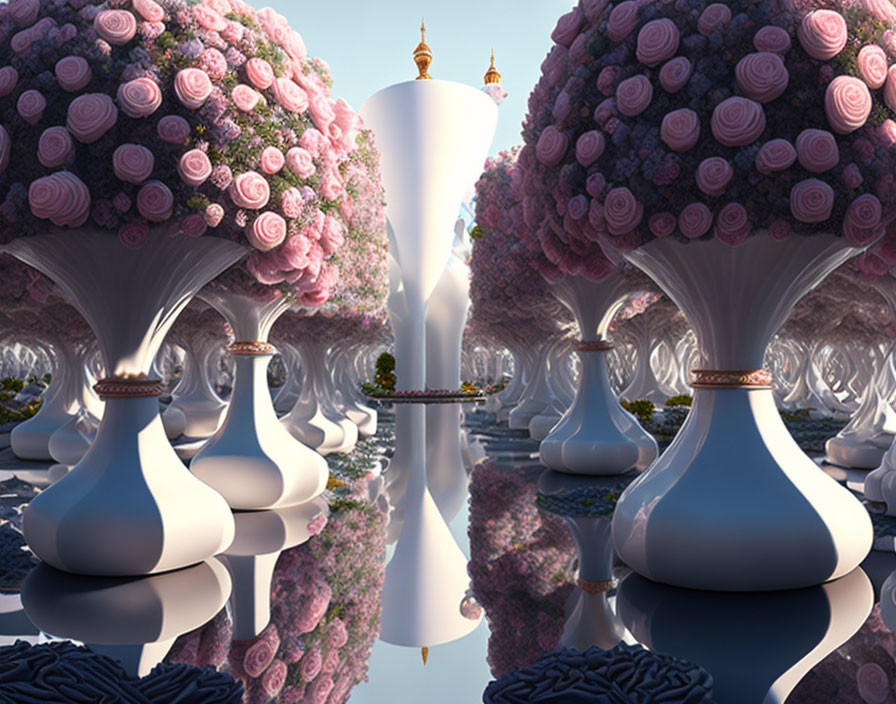 Fantastical landscape with oversized mushroom-like structures and exotic architecture.