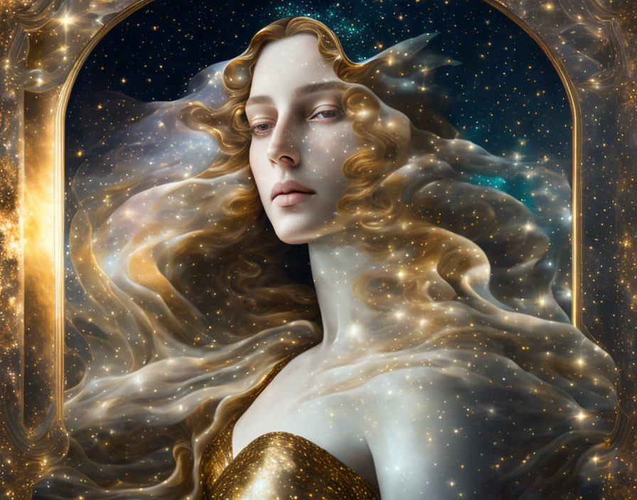 Ethereal woman with star-infused hair in golden dress against cosmic backdrop