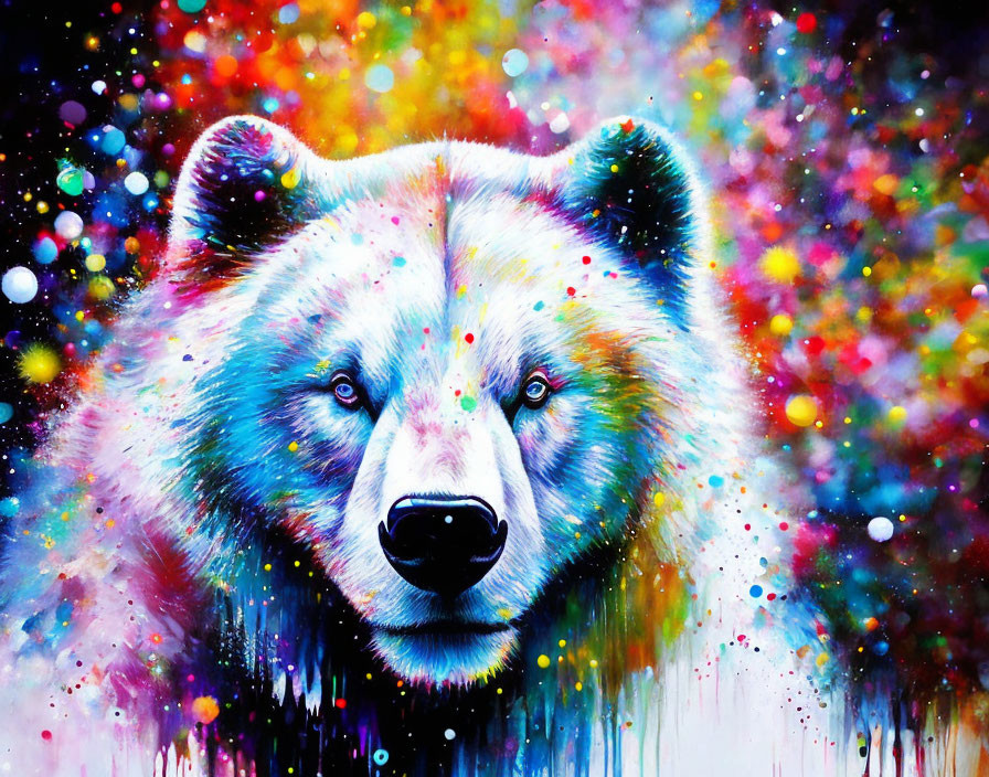 Colorful Bear Face Painting with Cosmic Starry Background