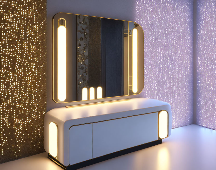 Stylish vanity setup with illuminated mirror and bench in star-patterned room