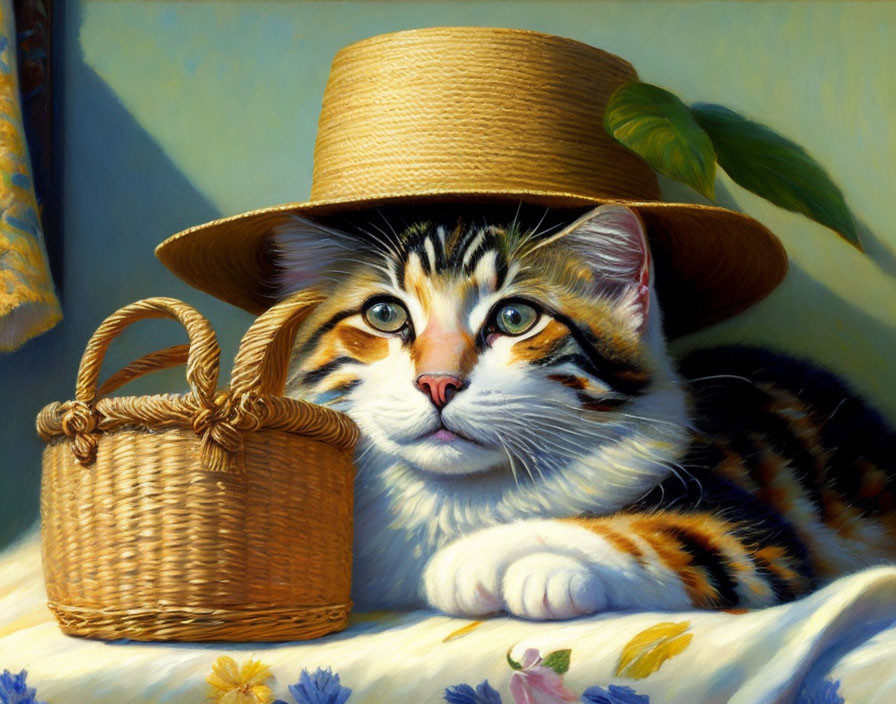 Tabby cat with straw hat next to wicker basket in warm-toned setting