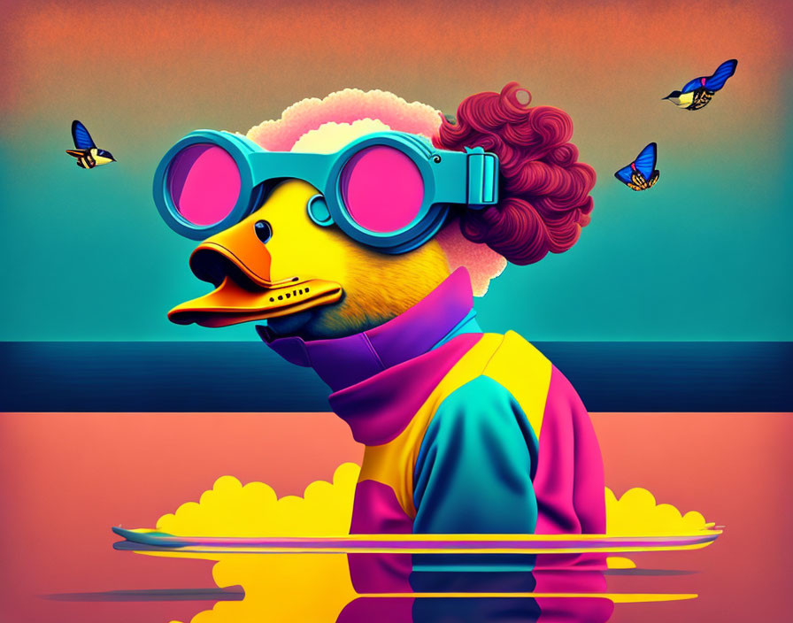 Colorful anthropomorphic duck with curly hair and goggles surrounded by butterflies on gradient background