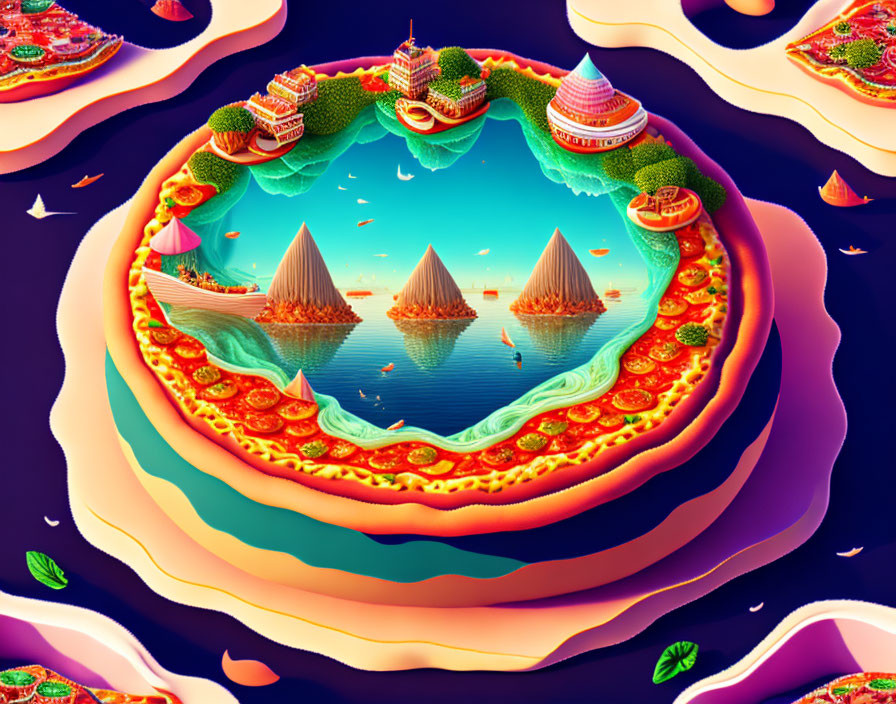 Surreal illustration: Vibrant floating islands with ornate buildings