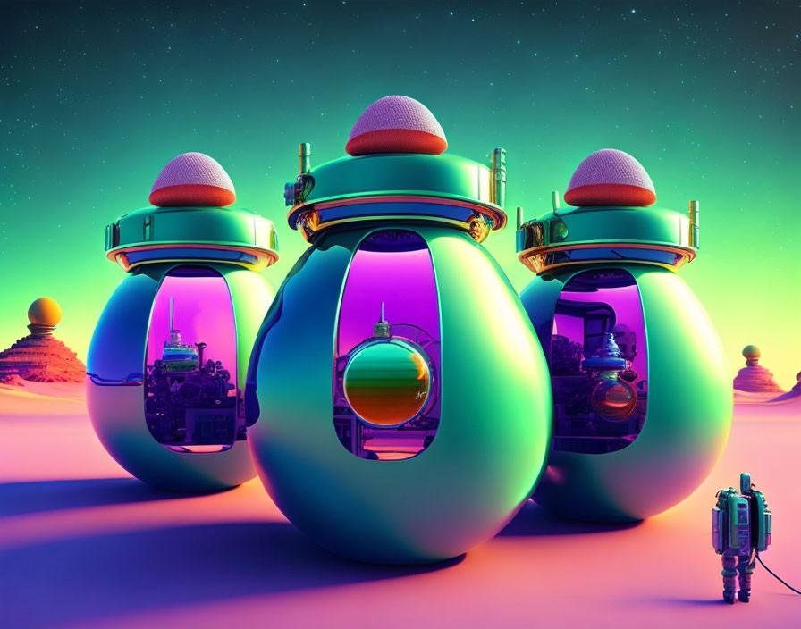 Colorful futuristic egg-shaped pods on alien landscape with small robot