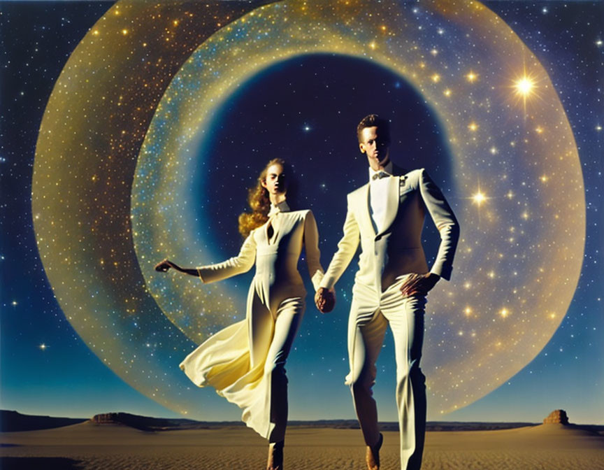 Two people in white attire on cosmic background with ringed planet and stars