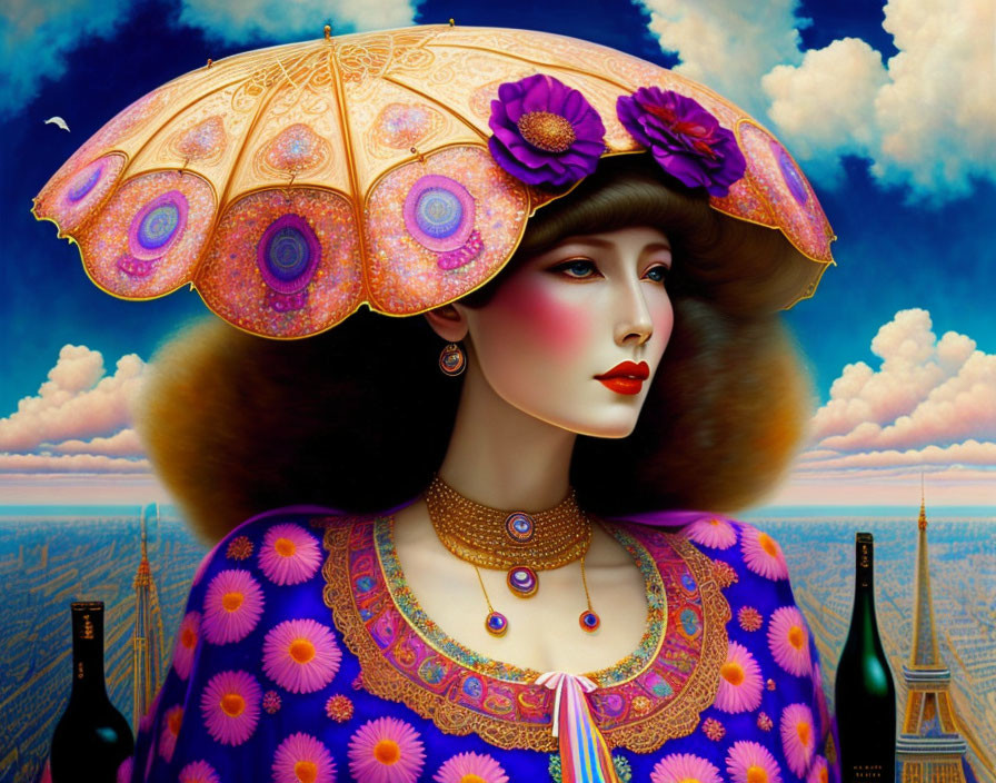 Stylized vintage woman with parasol in vibrant colors against cityscape.