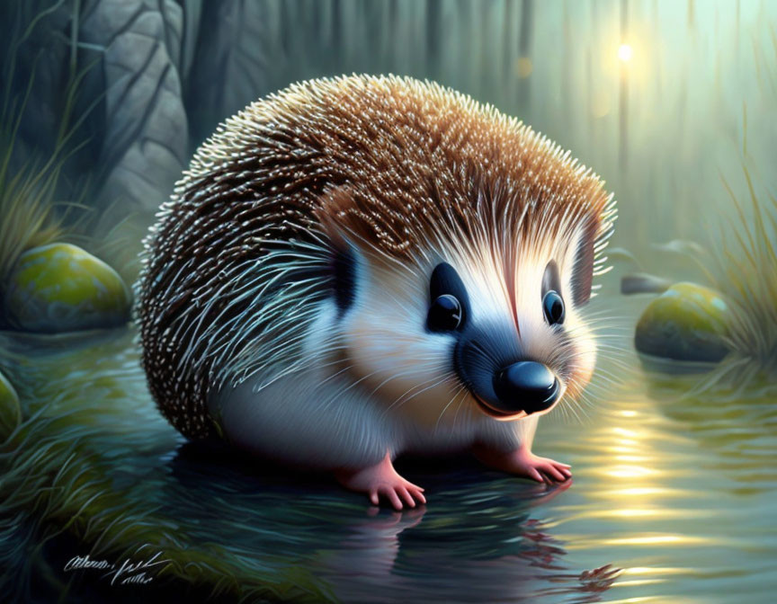 Illustration of cute hedgehog by serene water in misty forest landscape