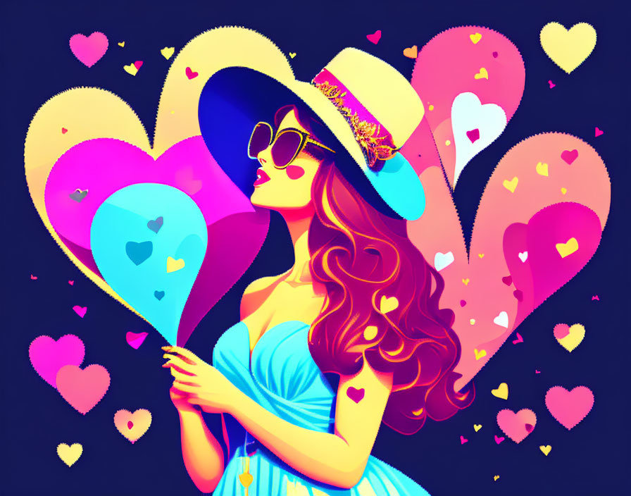 Colorful illustration of stylish woman with flowing hair, hat, sunglasses, hearts, and balloon.