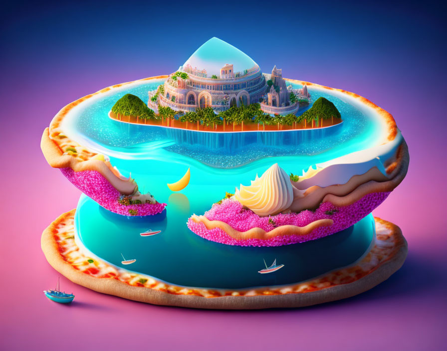 Whimsical island on donut surrounded by sugary ocean and pizza base