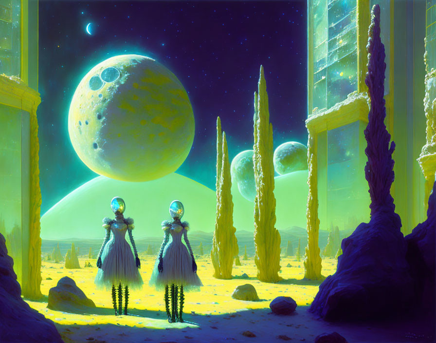 Astronaut figures in skirts on alien landscape with tall spires