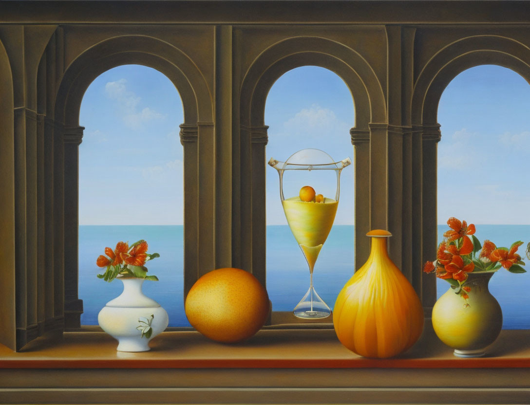 Surrealist seascape with arches, orbs, and fruits