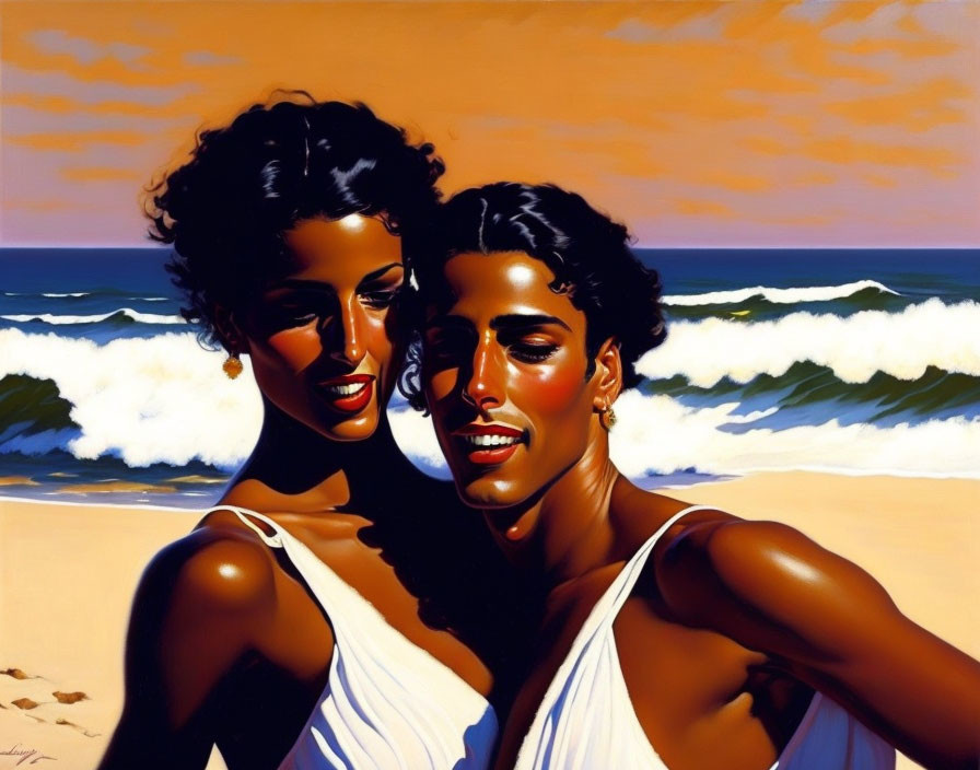 Smiling individuals with dark hair on beach at sunset