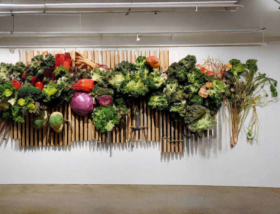 Fresh Vibrant Vegetables on Wooden Art Installation in Gallery