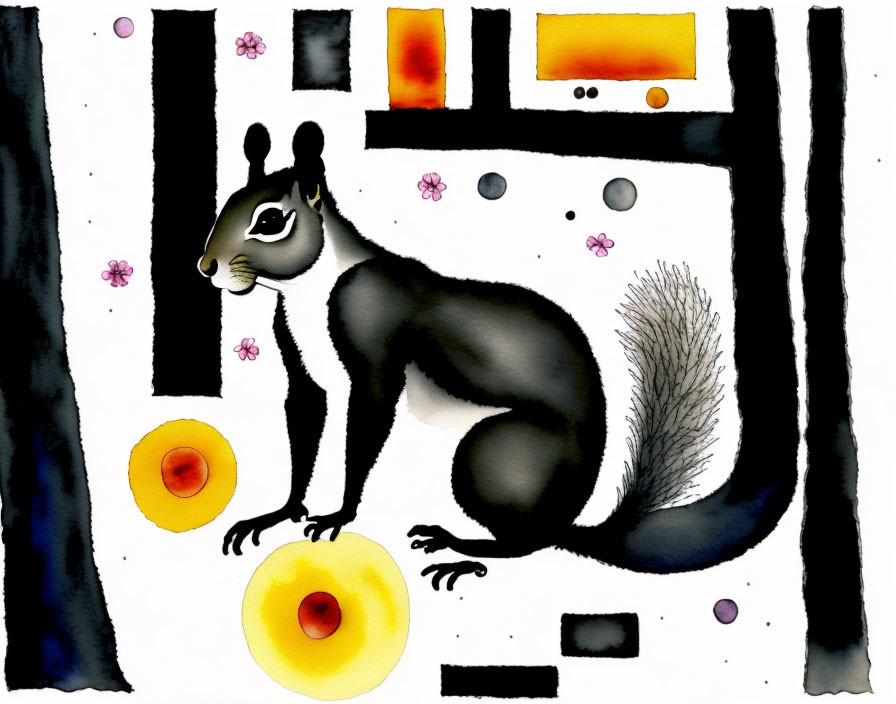 Abstract Black and White Painting with Geometric Shapes and Whimsical Squirrel Creature