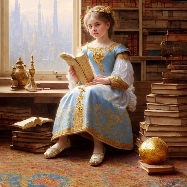 Young girl in blue dress surrounded by books, globe, and vintage decor.